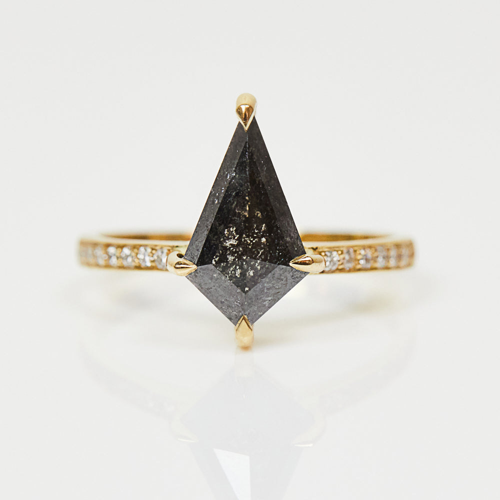 18ct yellow gold salt and pepper kite diamond engagement pavé ring