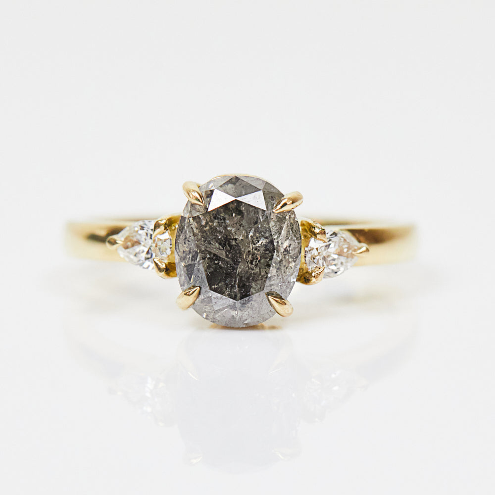 18ct yellow gold salt and pepper oval diamond engagement trilogy ring