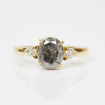18ct yellow gold salt and pepper oval diamond engagement trilogy ring