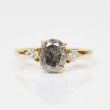 18ct yellow gold salt and pepper oval diamond engagement trilogy ring
