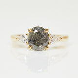 18ct yellow gold salt and pepper oval diamond engagement trilogy ring