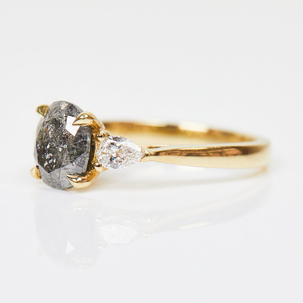 18ct yellow gold salt and pepper oval diamond engagement trilogy ring