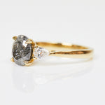 18ct yellow gold salt and pepper oval diamond engagement trilogy ring