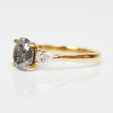 18ct yellow gold salt and pepper oval diamond engagement trilogy ring