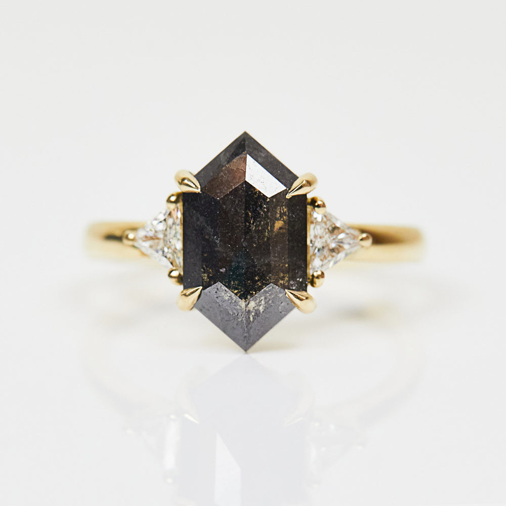 18ct yellow gold salt and pepper hexagon diamond engagement trilogy ring