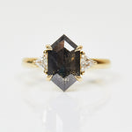 18ct yellow gold salt and pepper hexagon diamond engagement trilogy ring