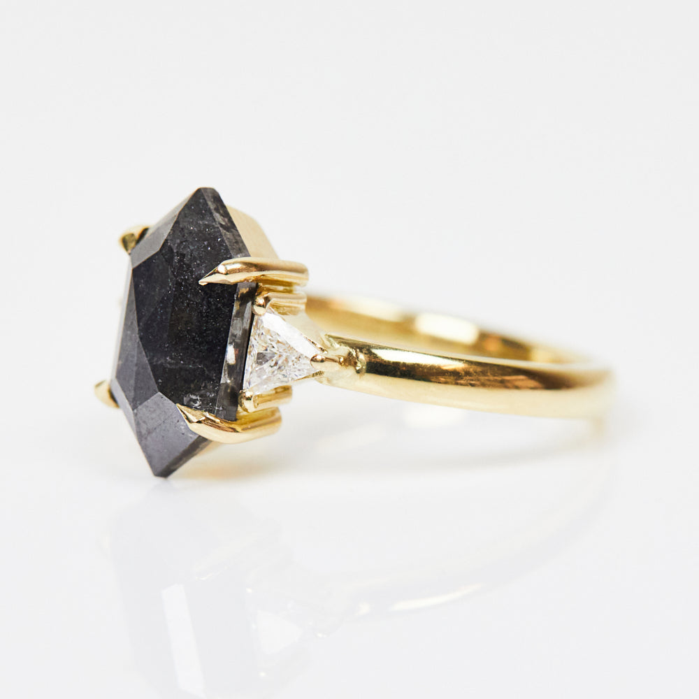 18ct yellow gold salt and pepper hexagon diamond engagement trilogy ring