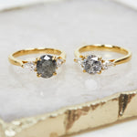 18ct yellow gold salt and pepper oval diamond engagement trilogy ring