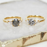18ct yellow gold salt and pepper oval diamond engagement trilogy ring