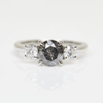 Platinum salt and pepper round brilliant cut diamond engagement trilogy ring