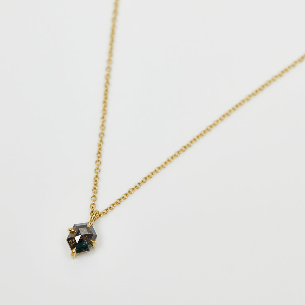 Hexagon black salt and pepper diamond necklace in 18ct yellow gold.