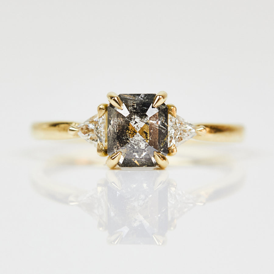 1.08ct Emerald Cut Salt and Pepper Diamond Trilogy Engagement Ring, Freya Setting