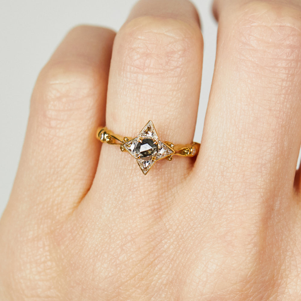 18ct rose gold salt and pepper round rose cut diamond engagement one-of-a-kind ring