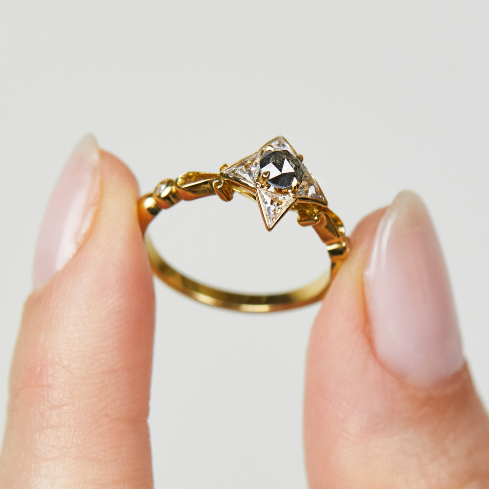 18ct rose gold salt and pepper round rose cut diamond engagement one-of-a-kind ring