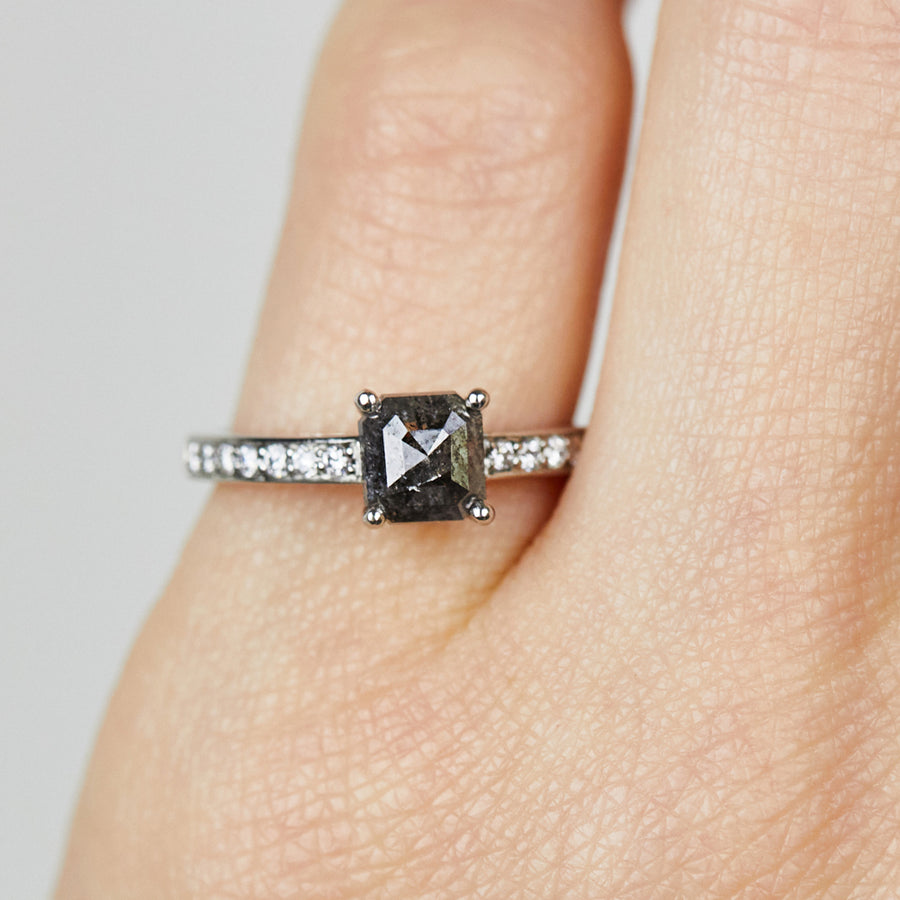 0.70ct Emerald Cut Dark Grey Diamond Engagement Ring, Athena Setting