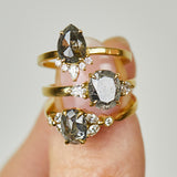 18ct yellow gold salt and pepper oval diamond engagement trilogy ring