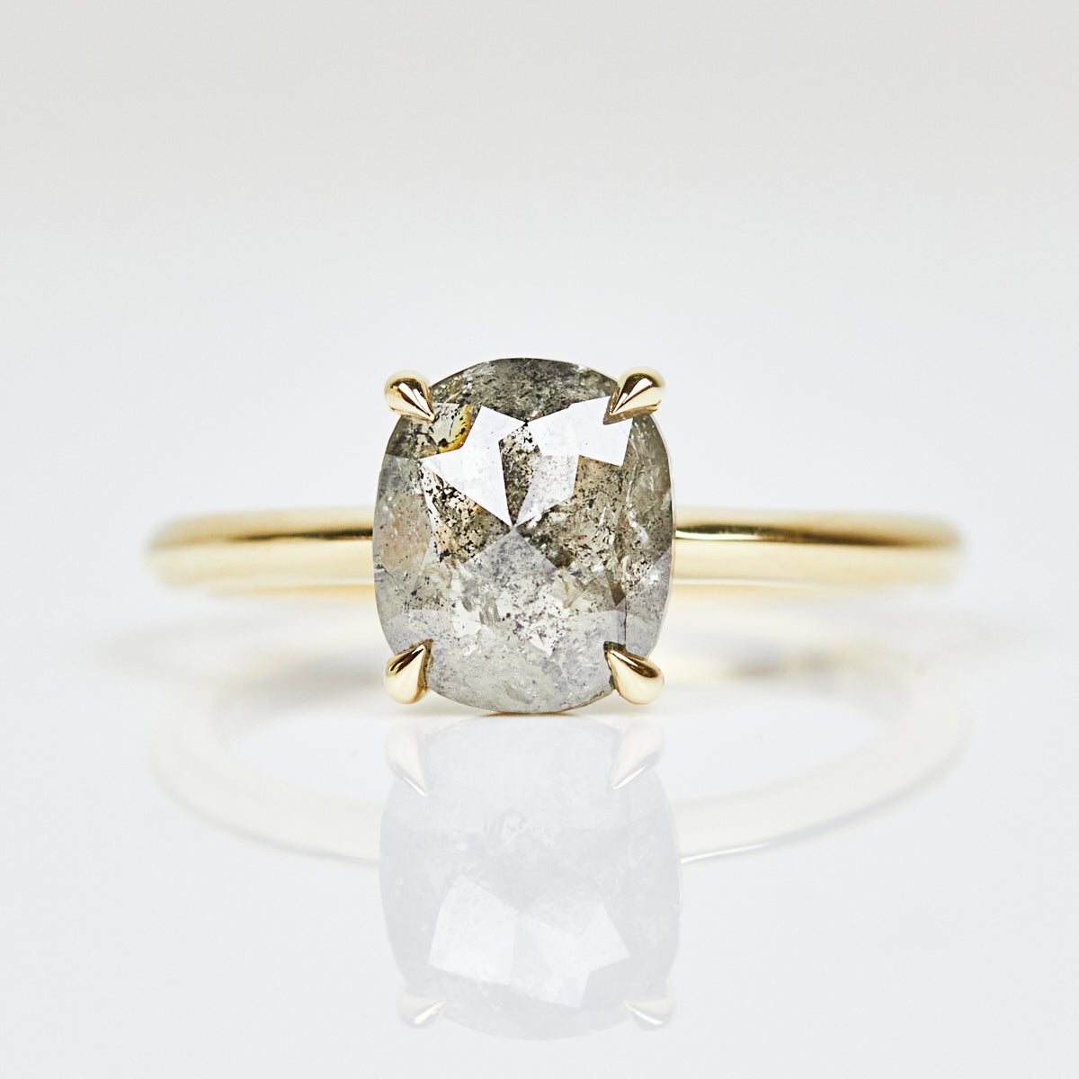 18ct yellow gold salt and pepper cushion cut diamond engagement solitaire ring