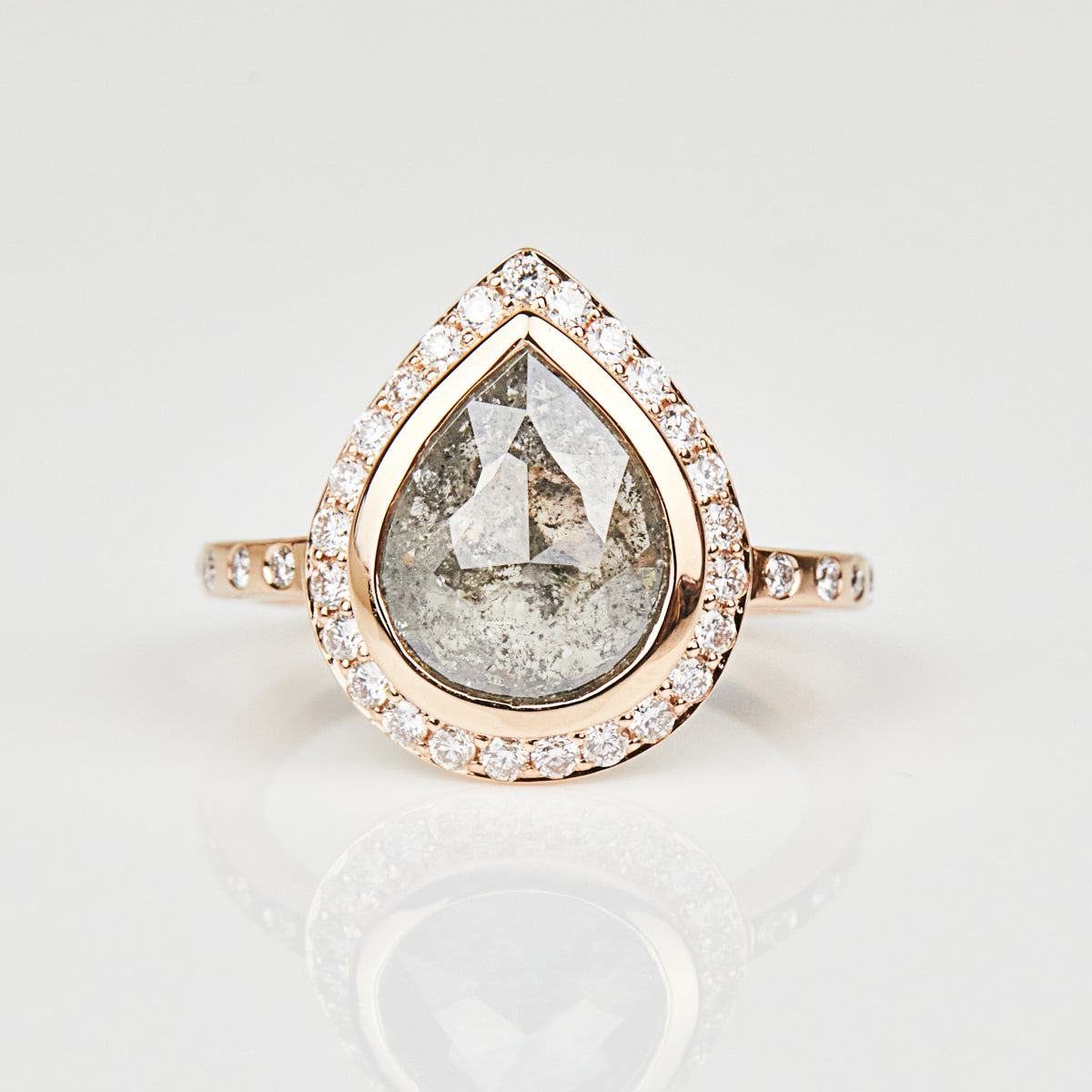18ct rose gold salt and pepper pear diamond engagement one-of-a-kind ring