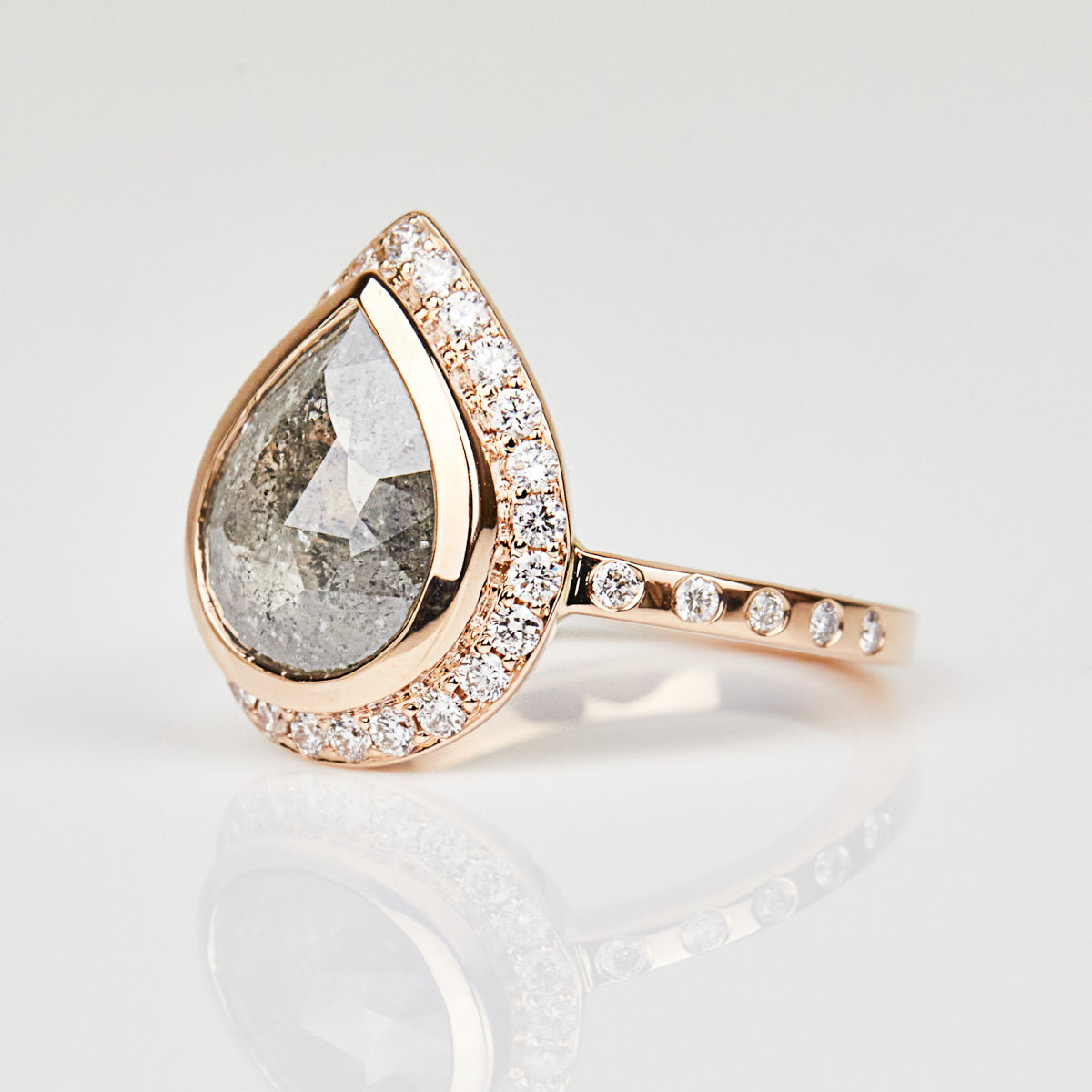 18ct rose gold salt and pepper pear diamond engagement one-of-a-kind ring
