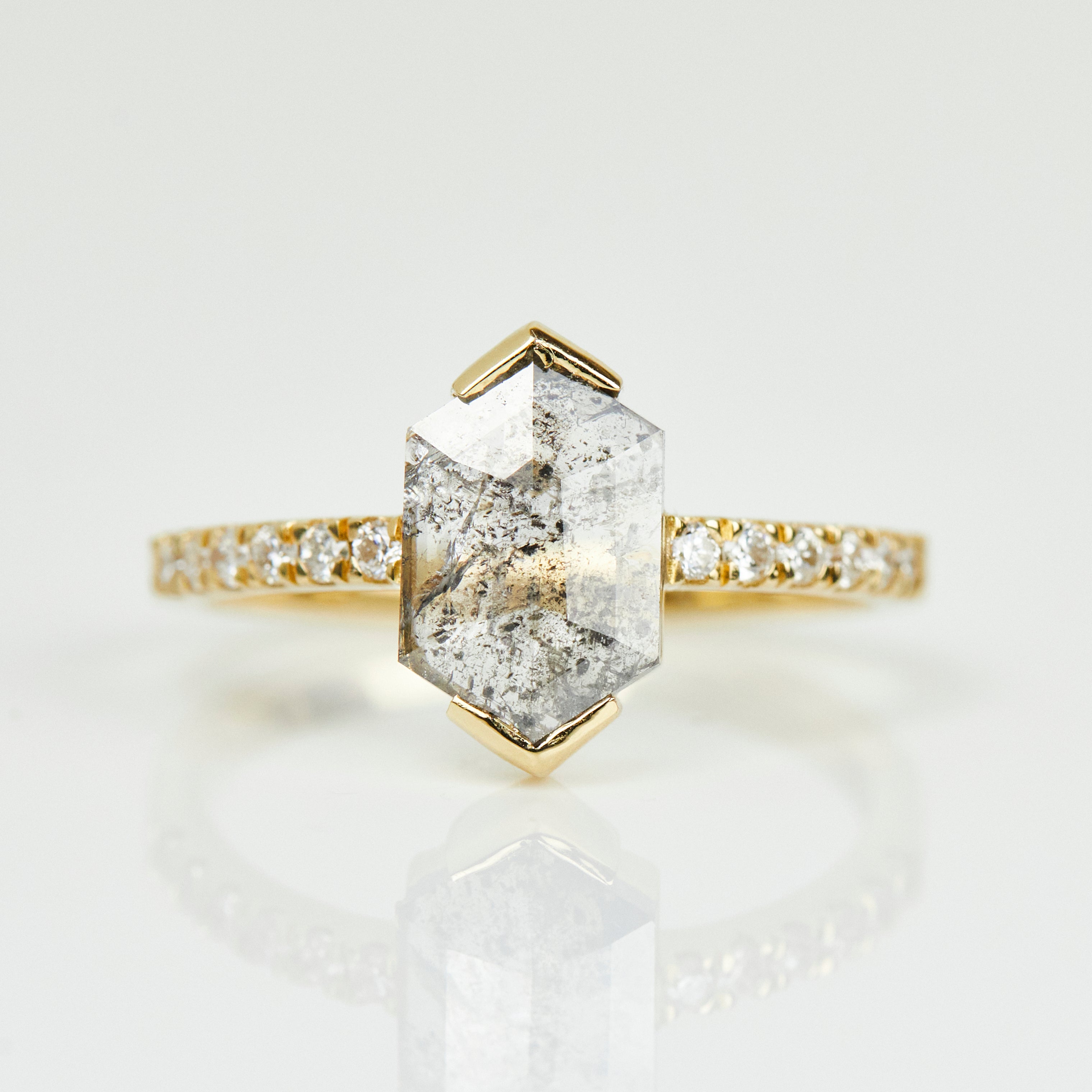 18ct yellow gold salt and pepper hexagon diamond engagement pavé ring