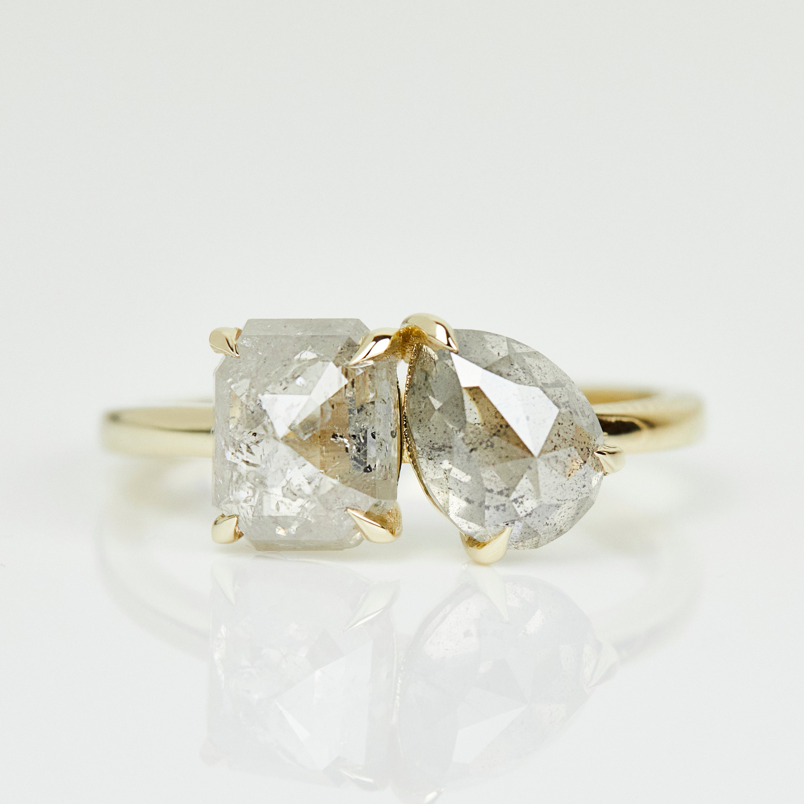 18ct yellow gold salt and pepper pear and emerald cut diamond engagement toi et moi ring