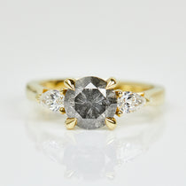 18ct yellow gold salt and pepper round brilliant cut diamond engagement trilogy ring