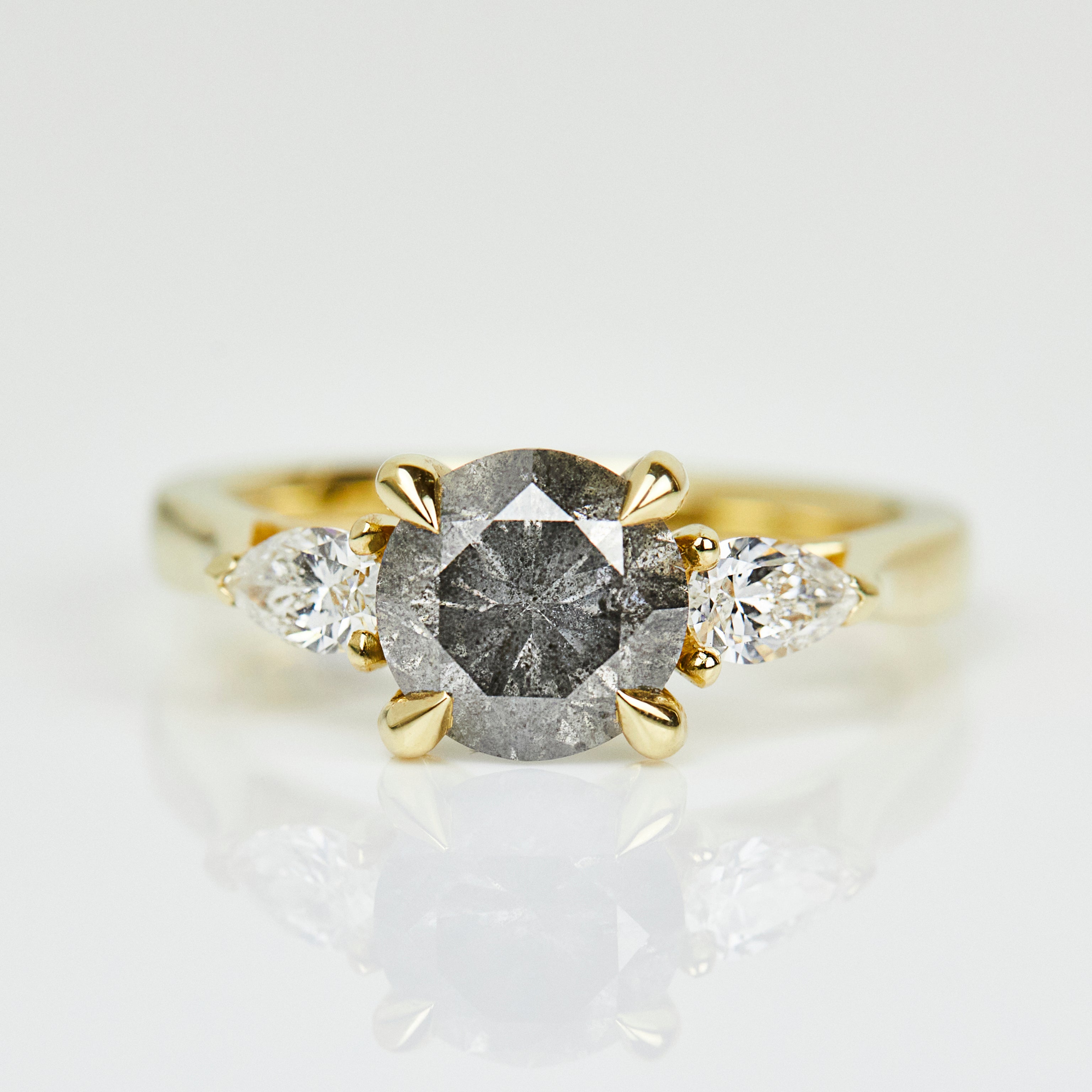 18ct yellow gold salt and pepper round brilliant cut diamond engagement trilogy ring