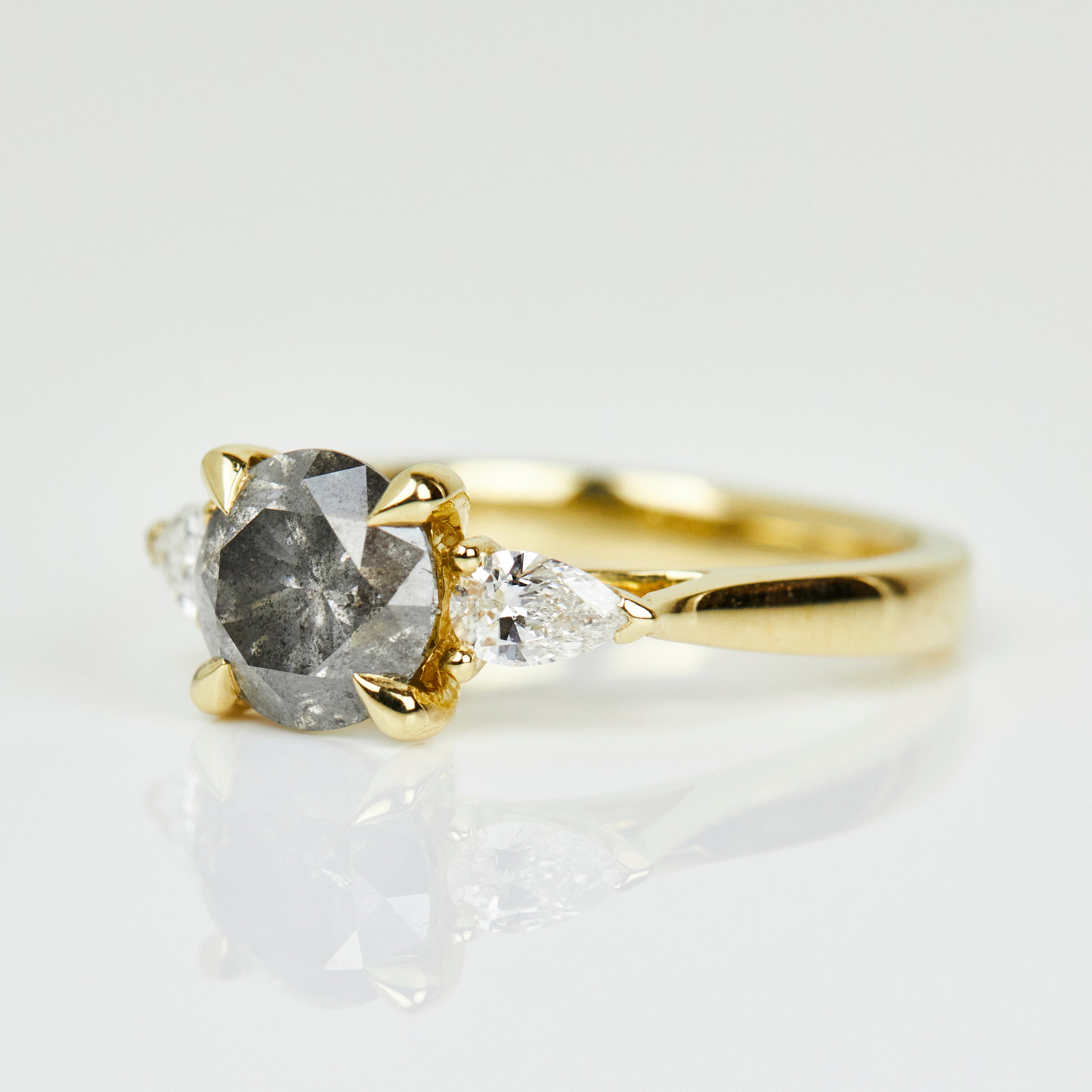 18ct yellow gold salt and pepper round brilliant cut diamond engagement trilogy ring