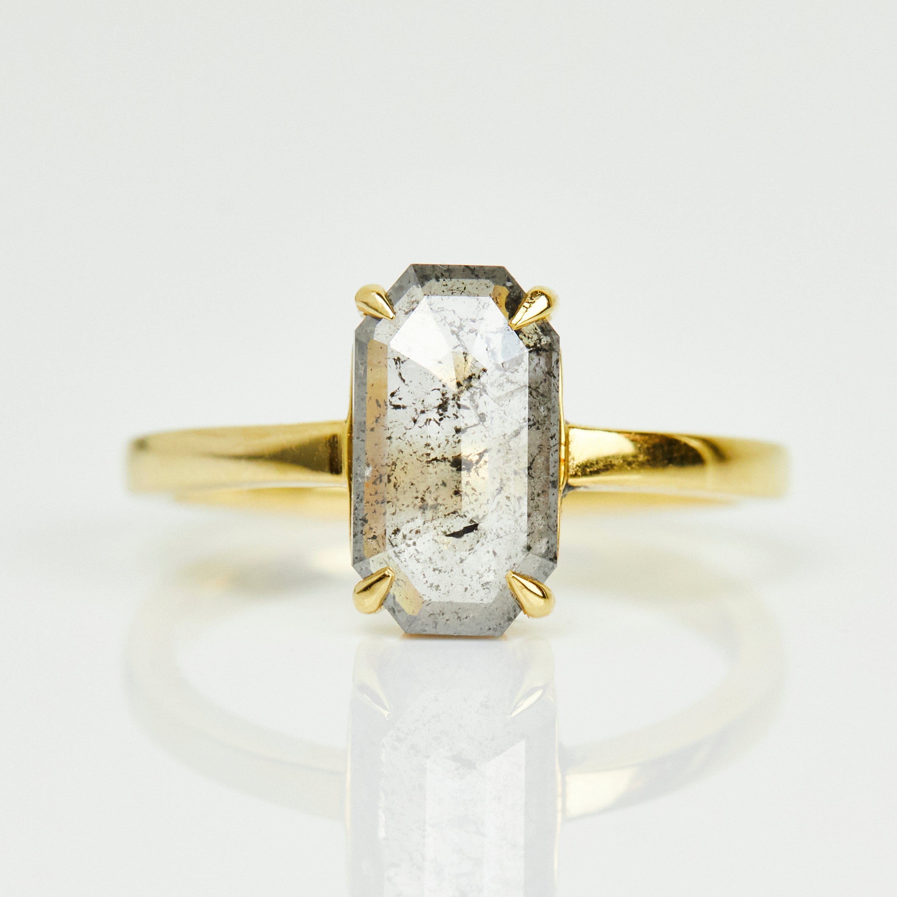 18ct yellow gold salt and pepper emerald cut diamond engagement solitaire ring