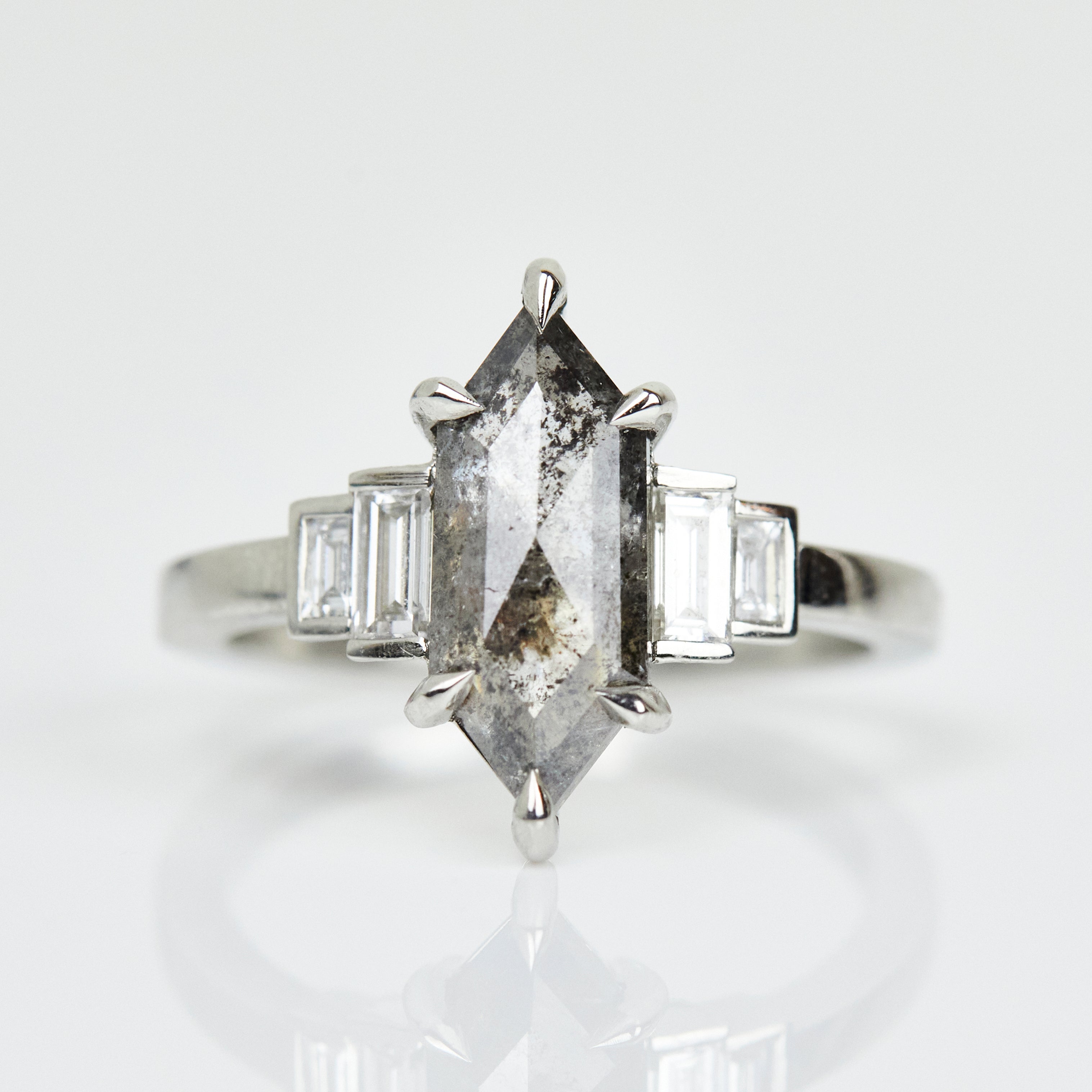 Platinum salt and pepper hexagon diamond engagement one-of-a-kind ring