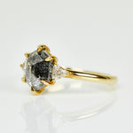 18ct yellow gold salt and pepper hexagon diamond engagement trilogy ring