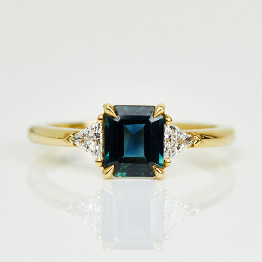 1.34ct Emerald Cut Teal Sapphire Engagement Ring, Freya Setting