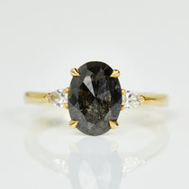 18ct yellow gold salt and pepper oval diamond engagement trilogy ring