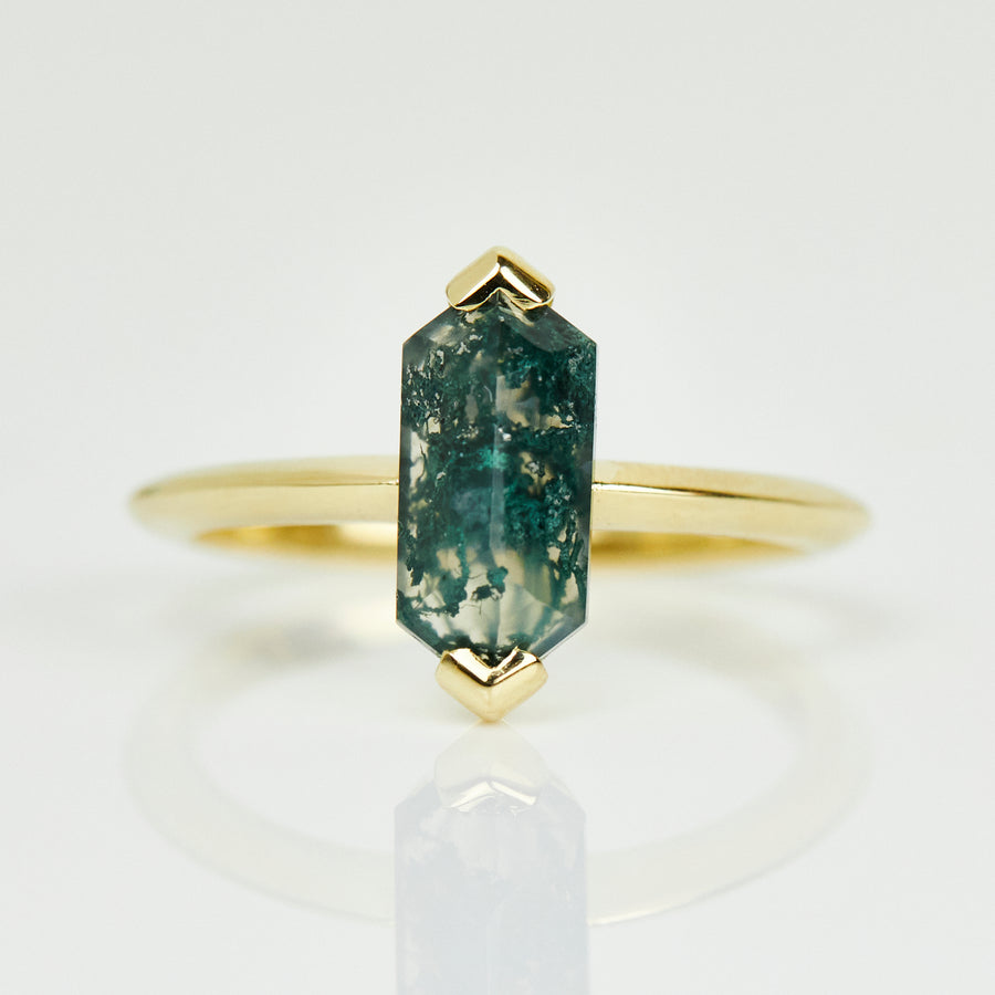 1.02ct Elongated Hexagon Moss Agate Engagement Ring, Juno Setting