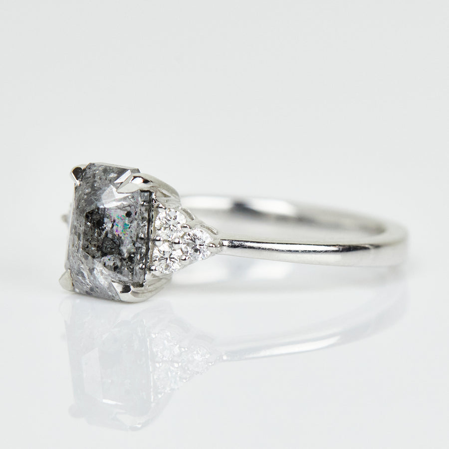 emerald cut salt and pepper diamond engagement ring