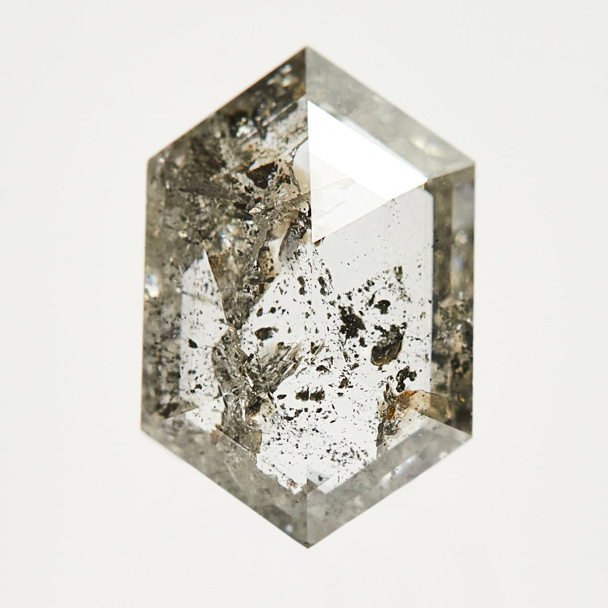 Elongated hexagon rose-cut speckled salt and pepper diamond.