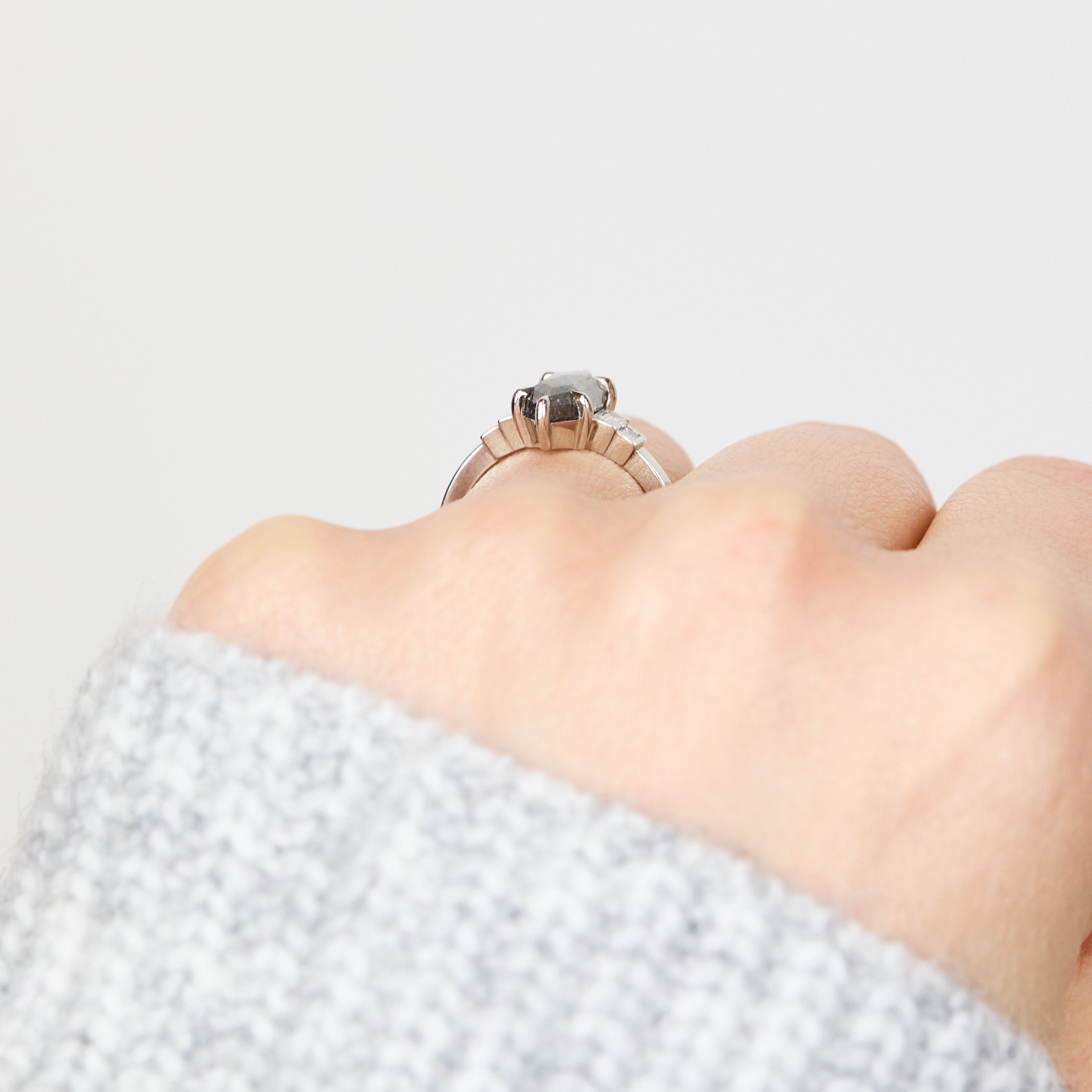 Platinum salt and pepper hexagon diamond engagement one-of-a-kind ring