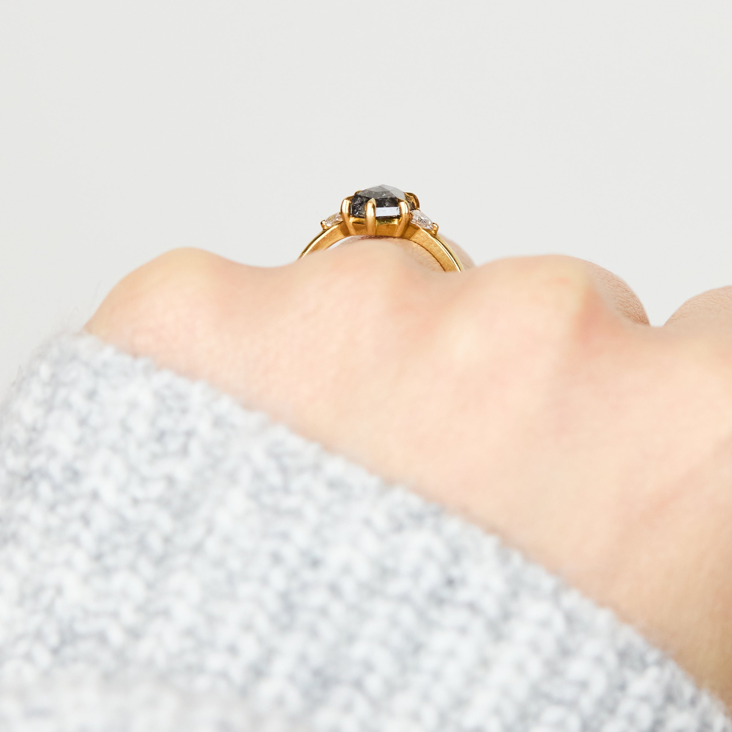 18ct yellow gold salt and pepper hexagon diamond engagement trilogy ring