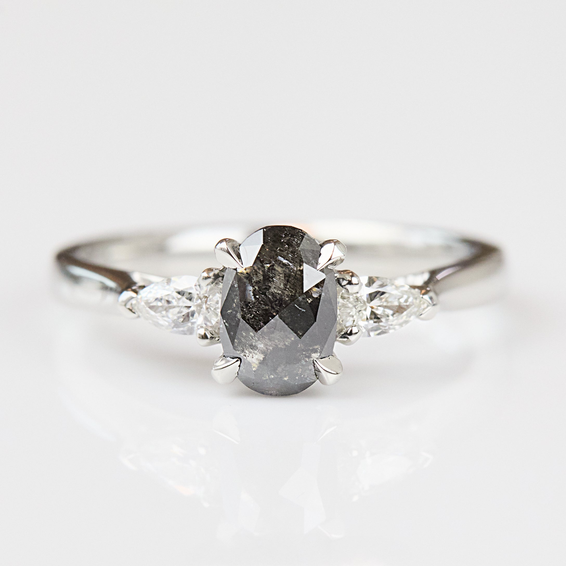 Oval Rose Cut Dark Salt and Pepper Diamond Engagement Ring Trilogy