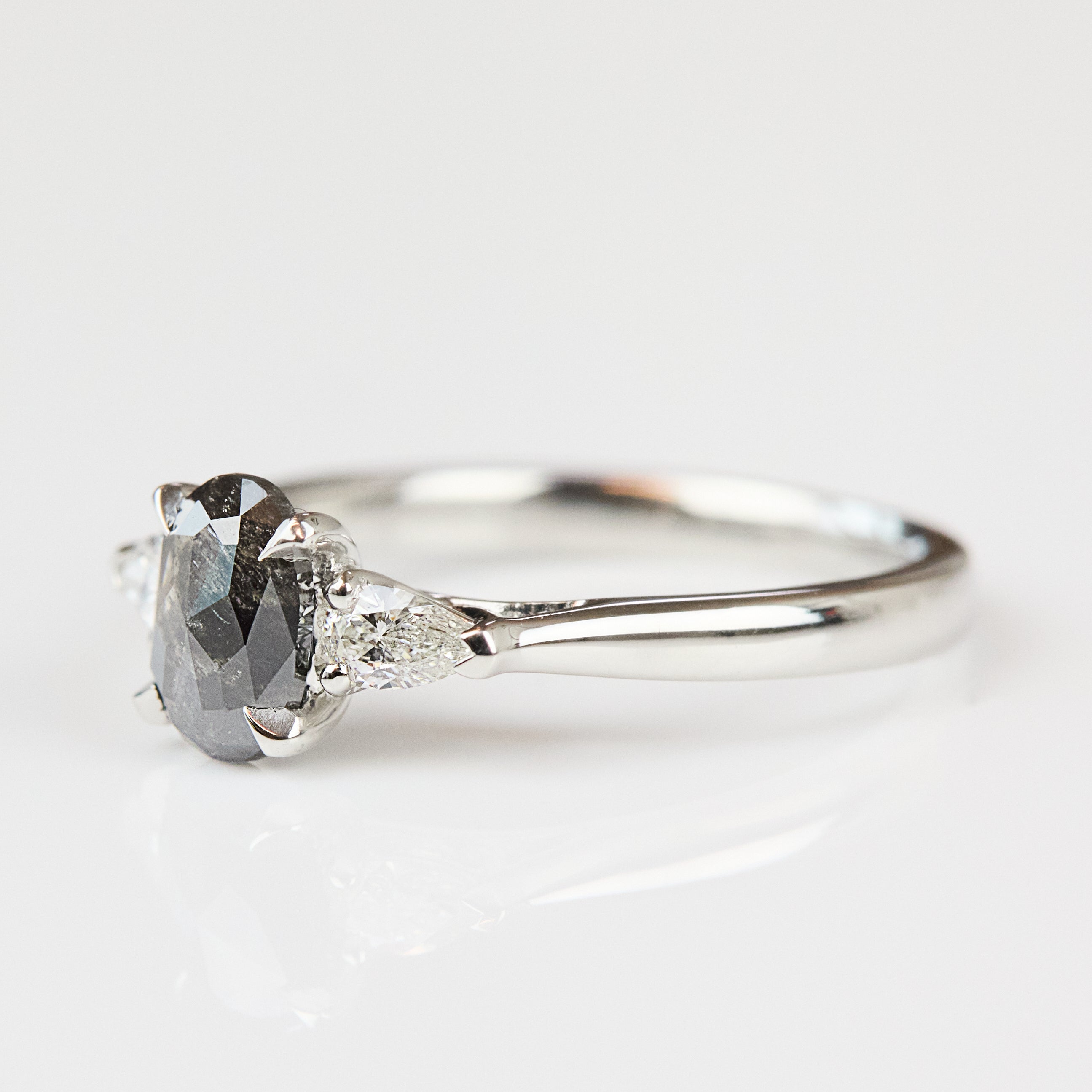 Oval Rose Cut Dark Salt and Pepper Diamond Engagement Ring Trilogy