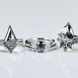 Oval Rose Cut Dark Salt and Pepper Diamond Engagement Ring Trilogy
