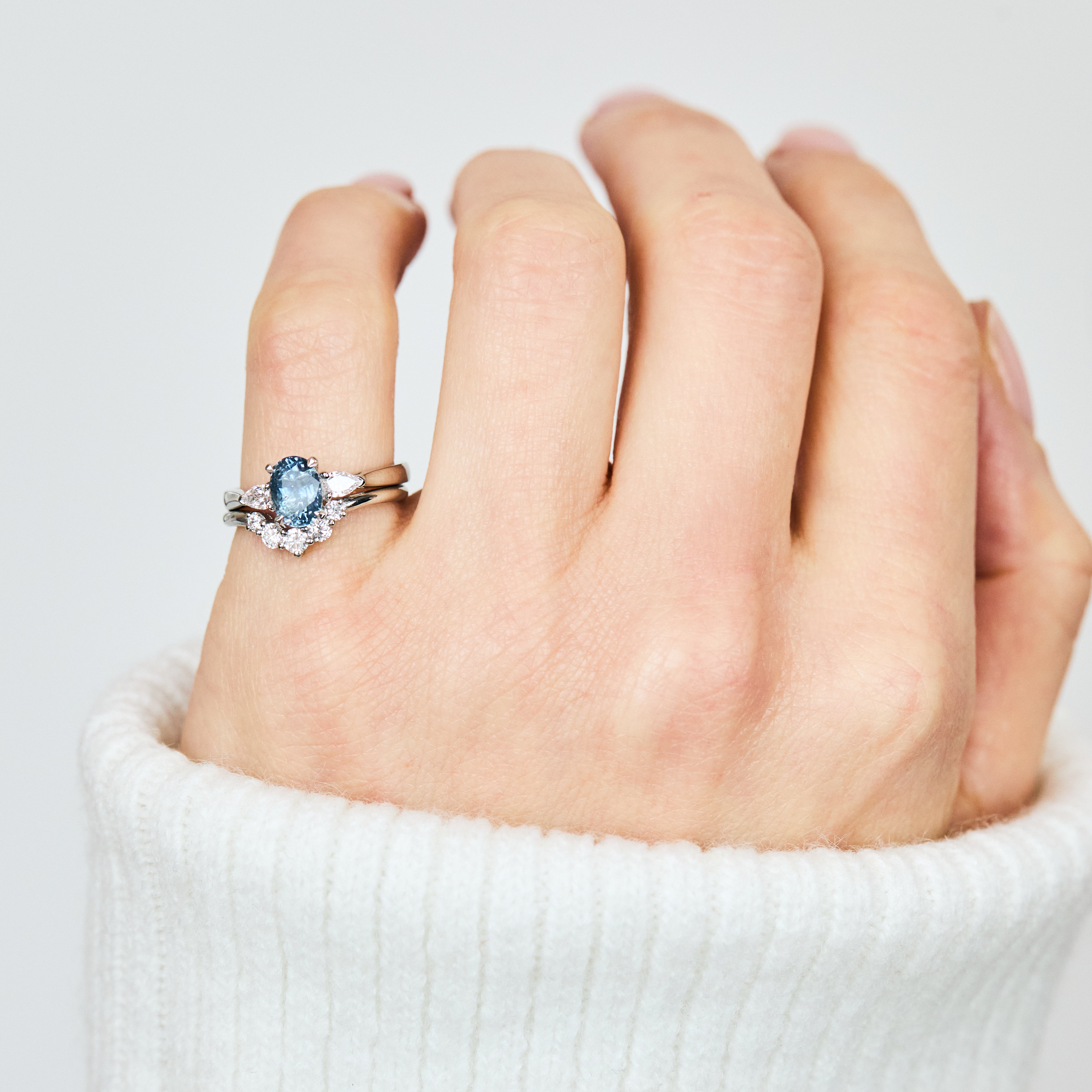 Oval Blue Teal Sapphire Engagement Ring Trilogy
