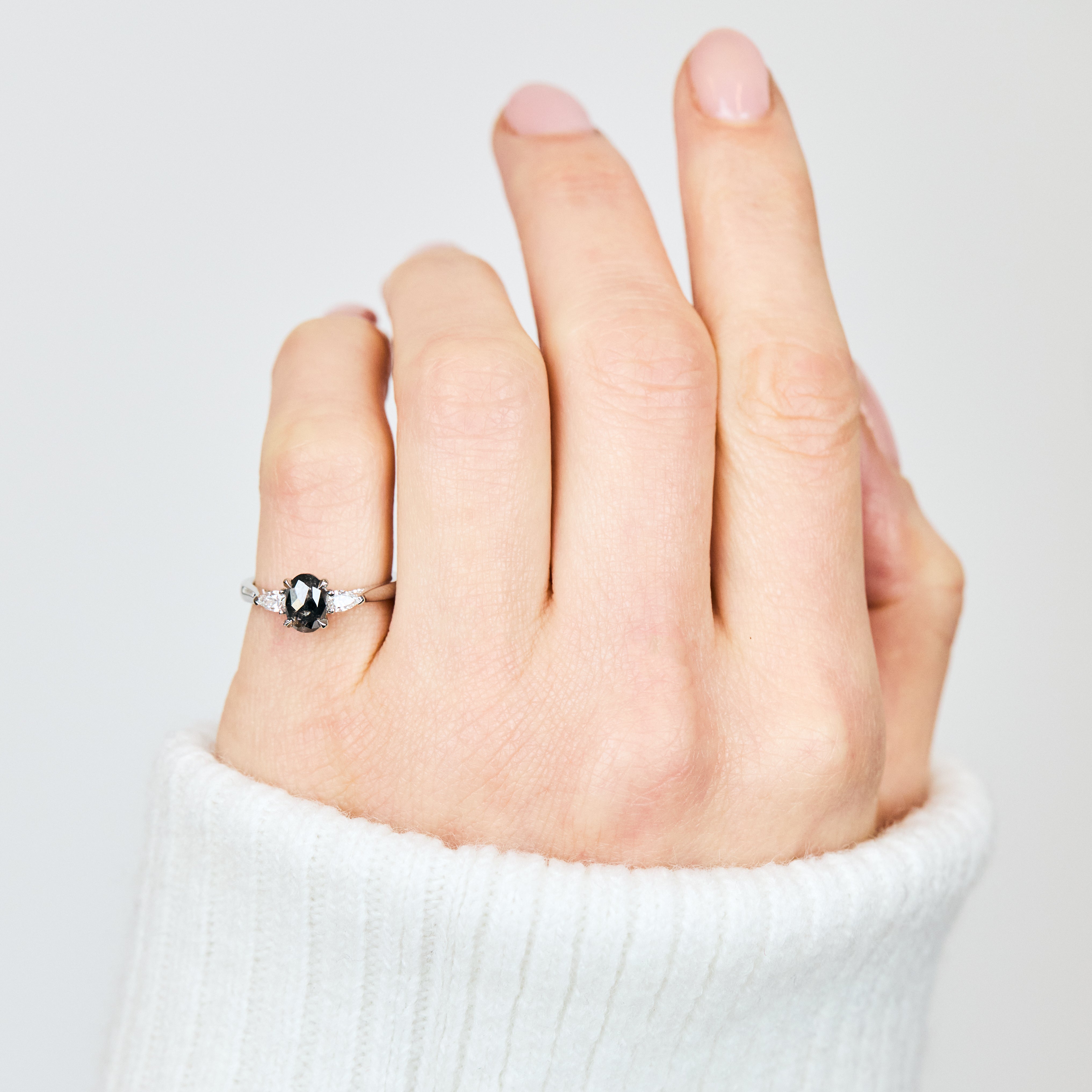 Oval Rose Cut Dark Salt and Pepper Diamond Engagement Ring Trilogy