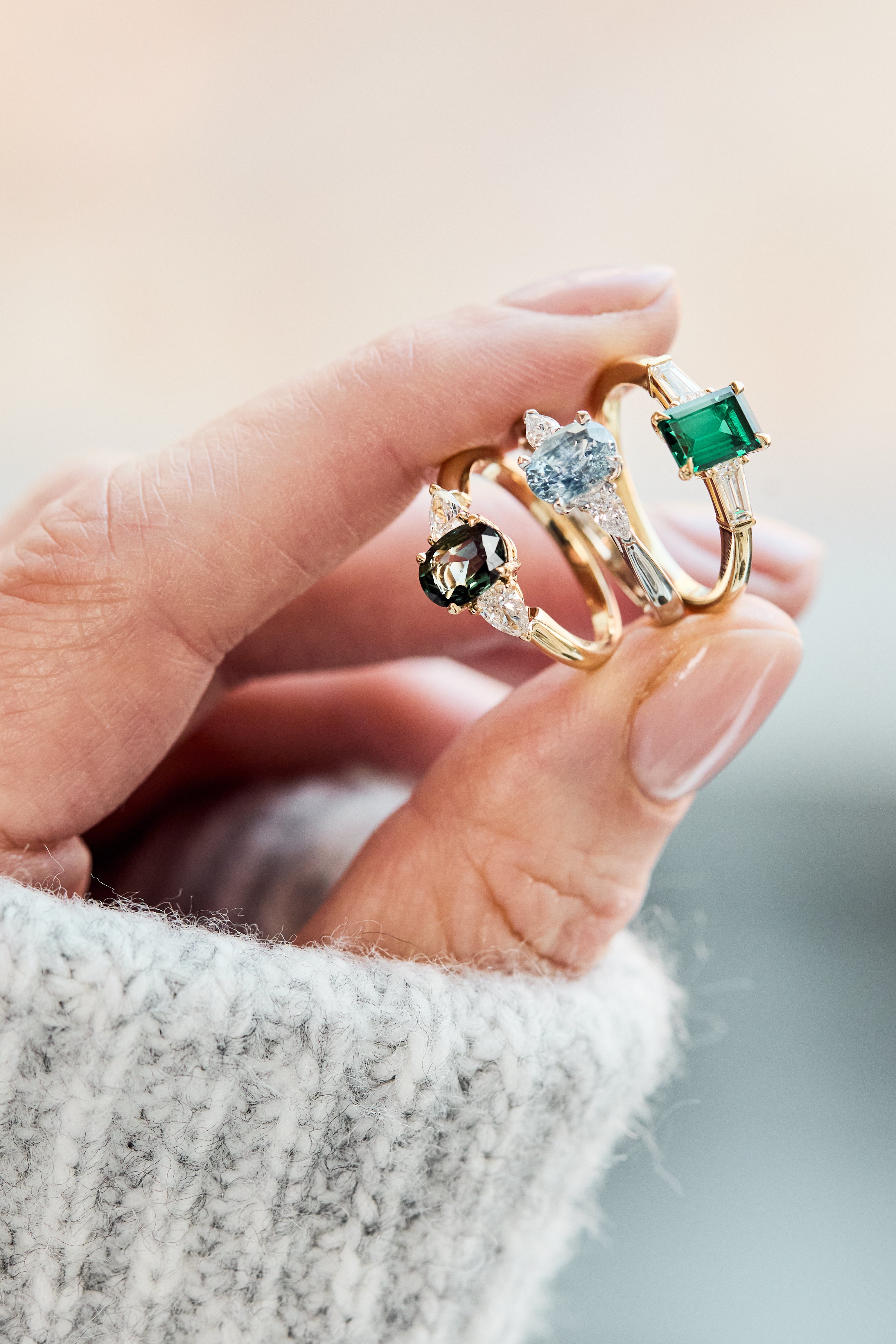 Oval Green Sapphire Engagement Ring Trilogy