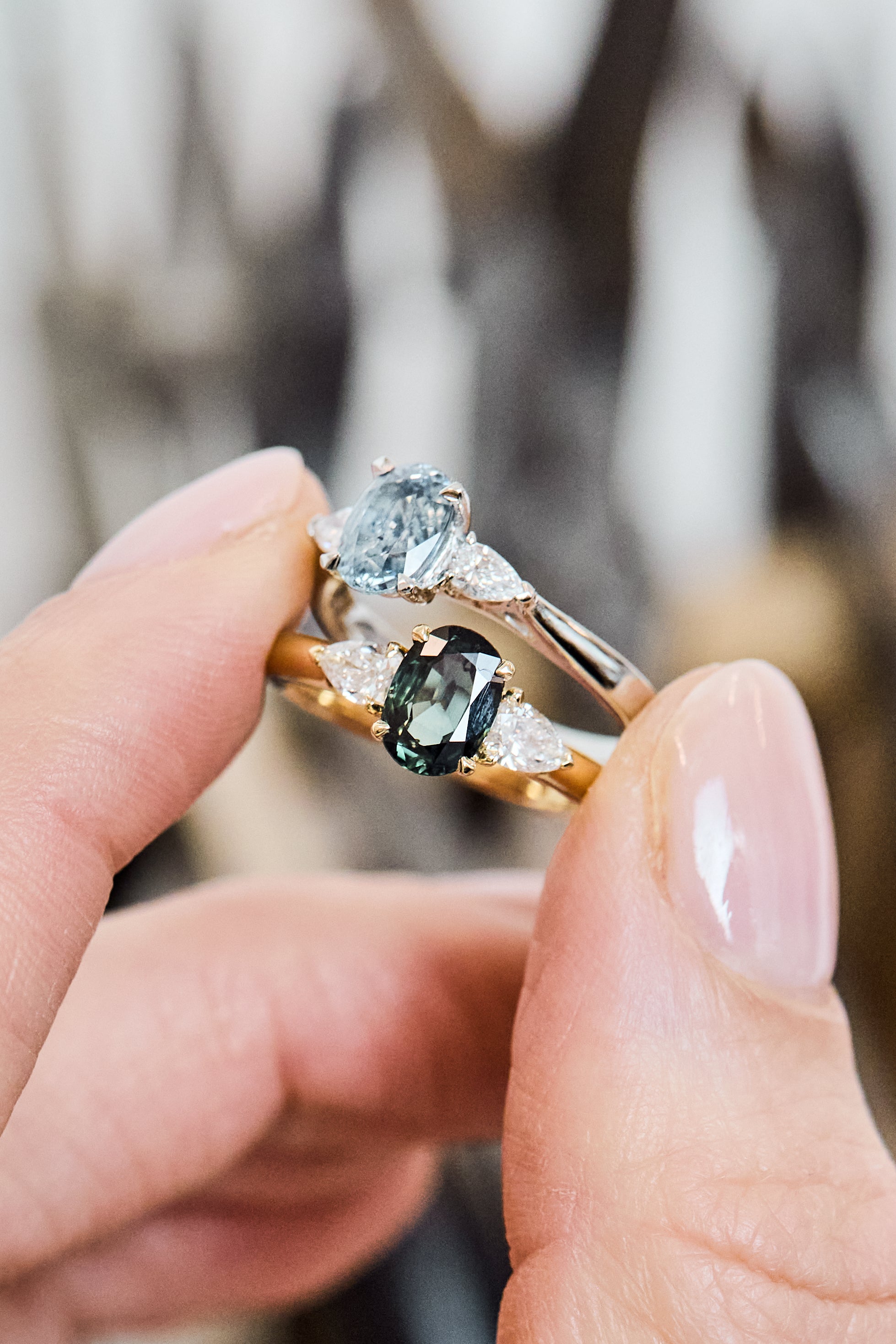 Oval Green Sapphire Engagement Ring Trilogy