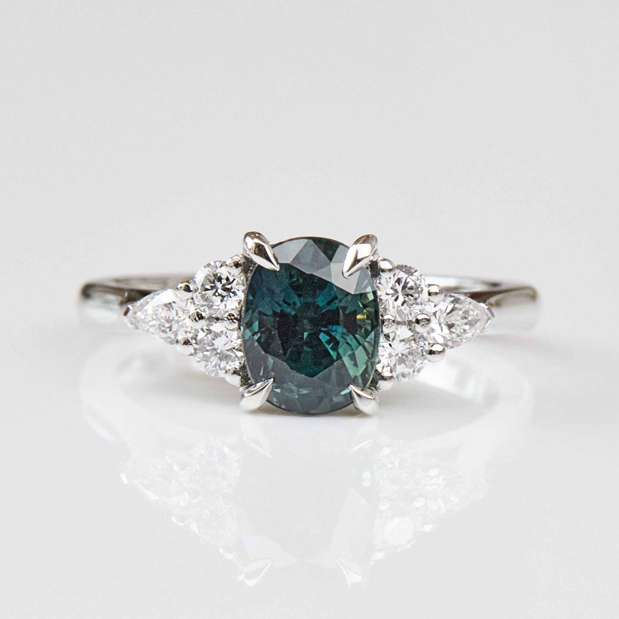 Teal Sapphire Engagement Ring, Iris Setting