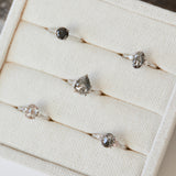 Platinum salt and pepper oval diamond engagement trilogy ring