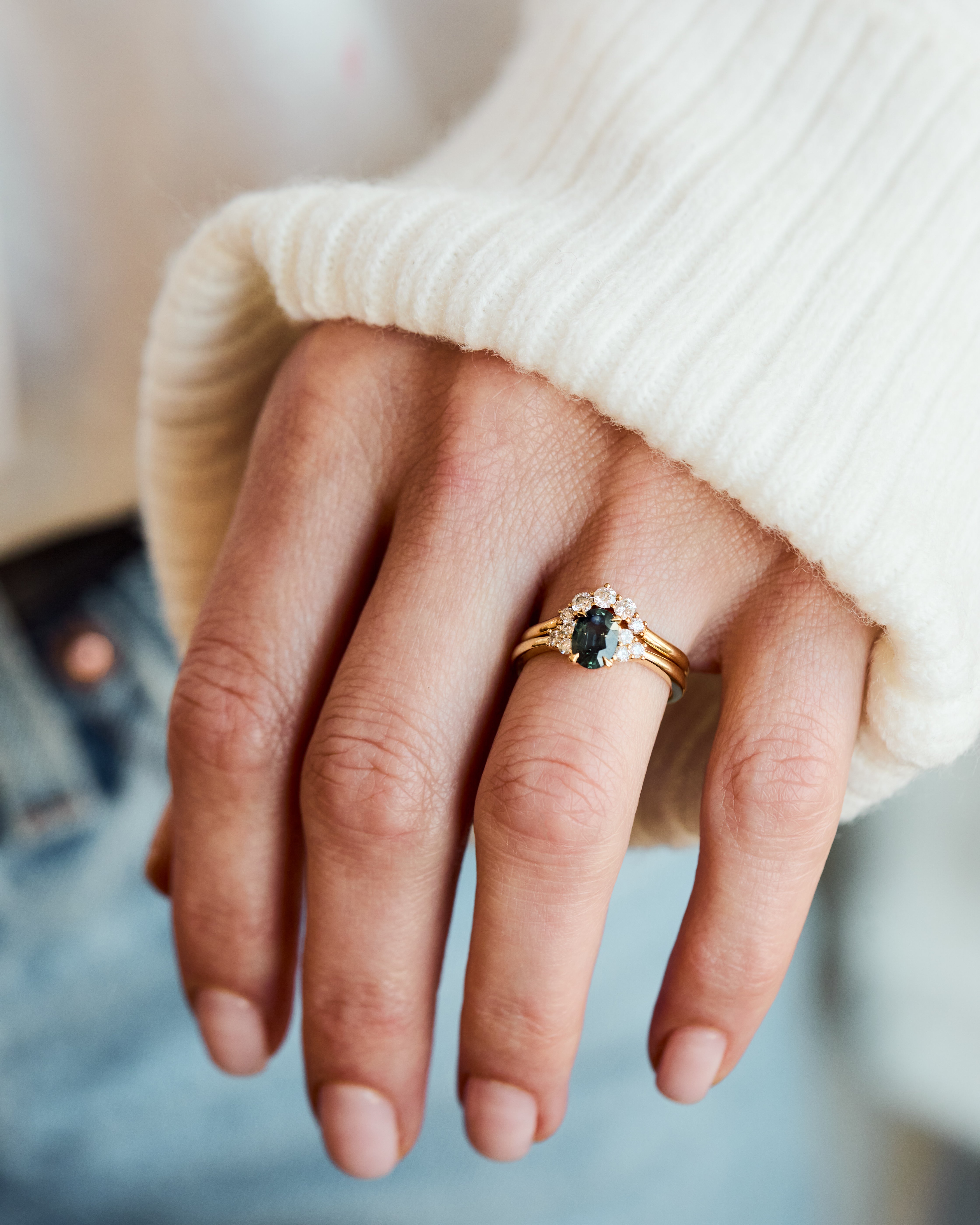 Oval Teal Sapphire Engagement Ring, One of a Kind, 18ct Yellow Gold