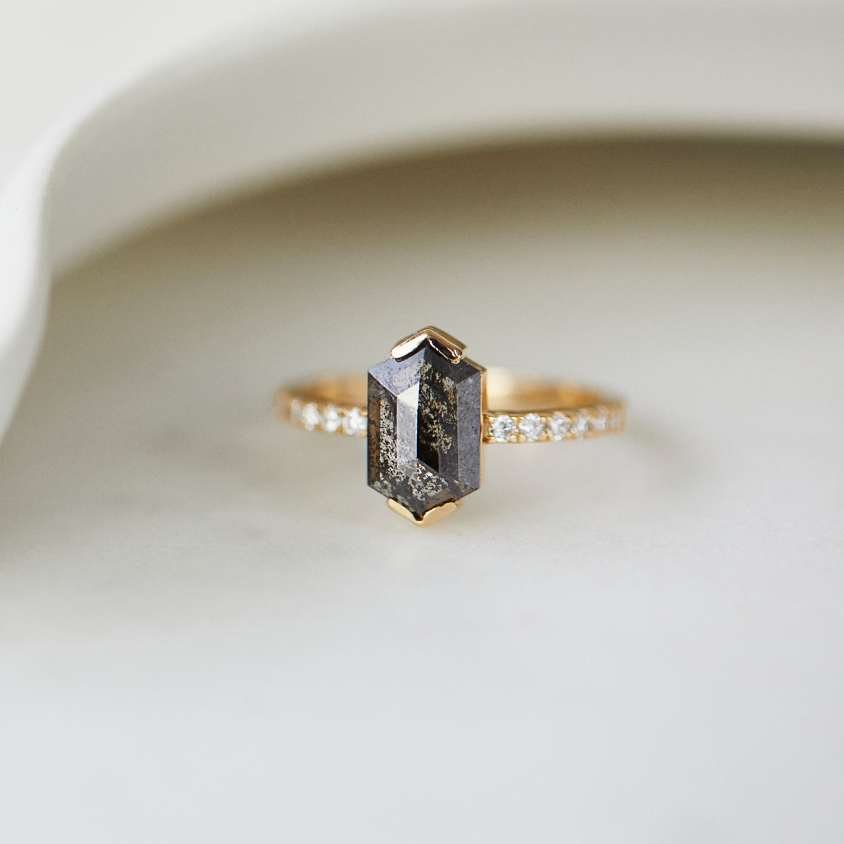 18ct yellow gold salt and pepper hexagon diamond engagement pavé ring