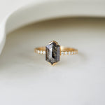18ct yellow gold salt and pepper hexagon diamond engagement pavé ring